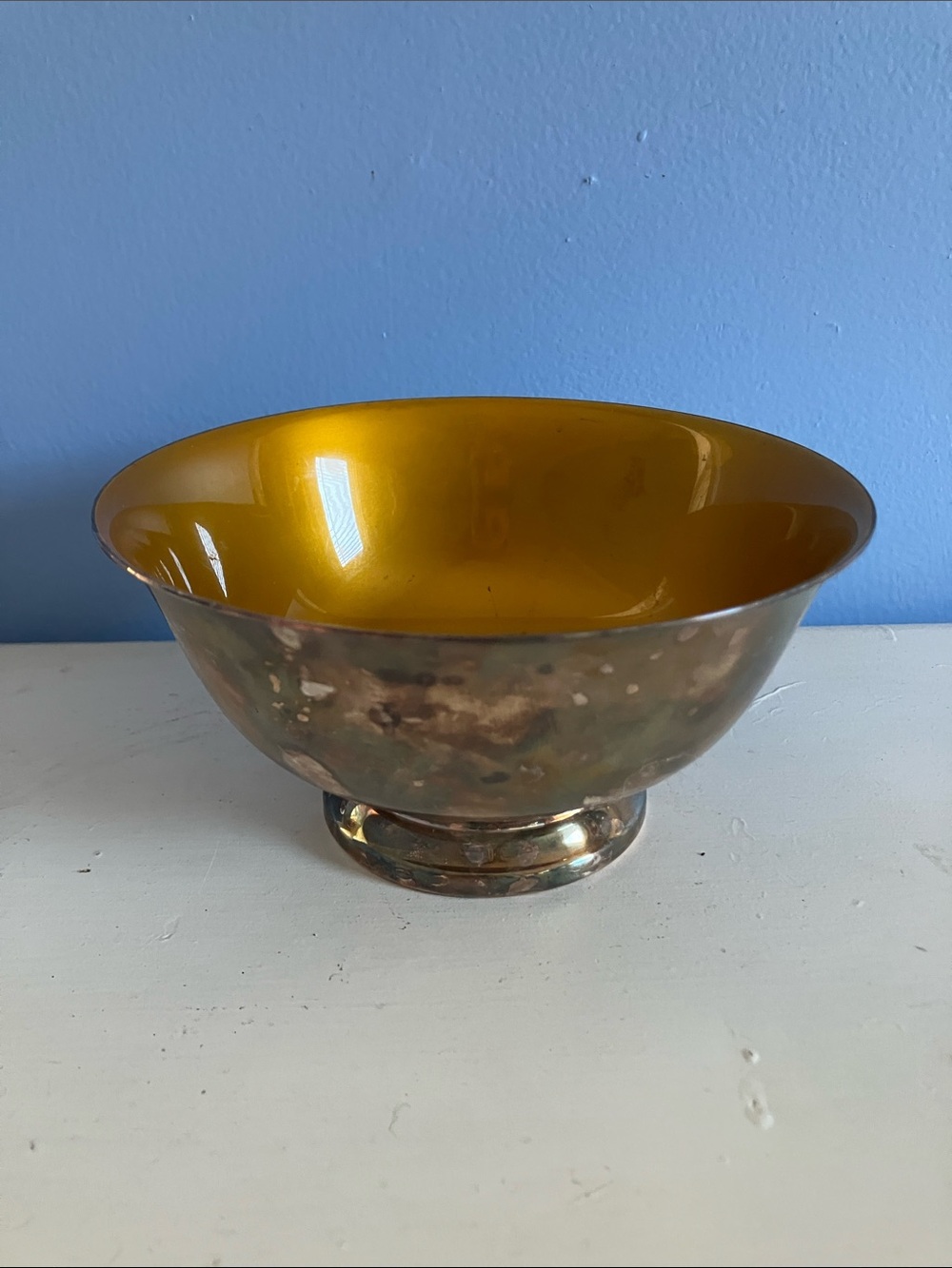 Vintage Reed & Barton 102 Silverplate and Yellow Enamel MCM Footed Bowl